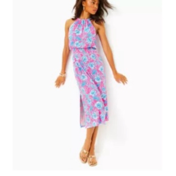 Lilly Pulitzer Pink and Blue Floral Midi Dress - Picture 1 of 4